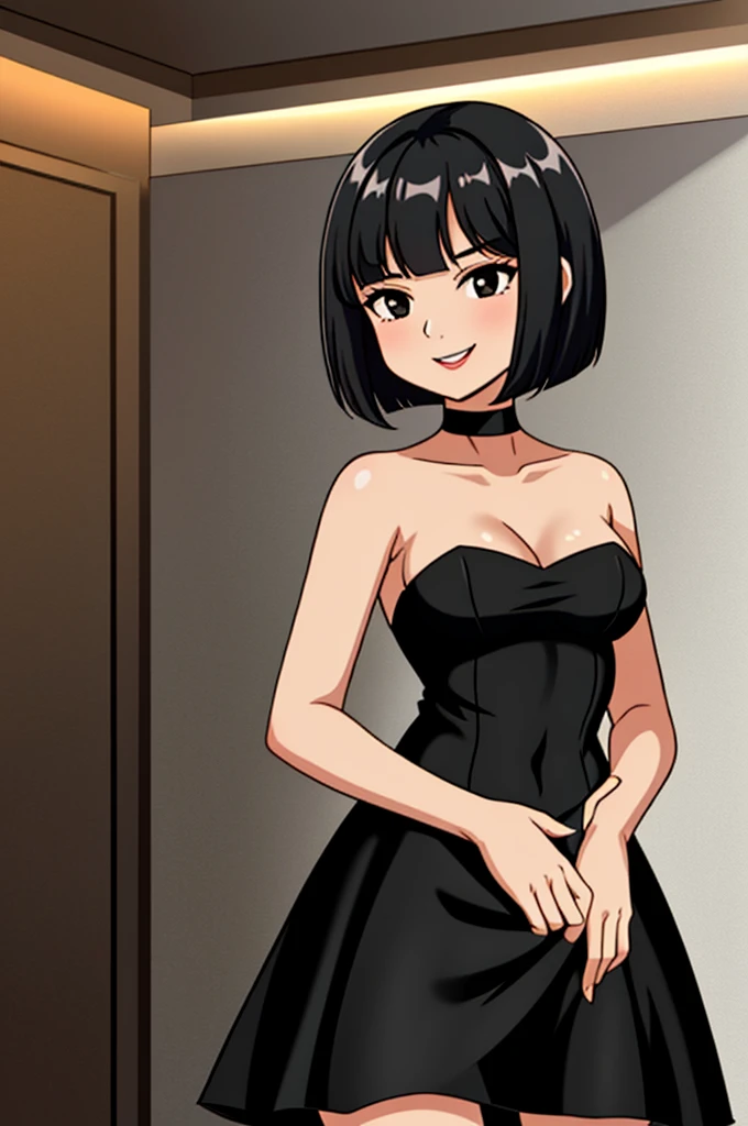 1 girl, solo, teenage, black hair, short black hair, bob hair, black eyes, little black dress, strapless black dress, skin-tight dress, smile, medium breast, black choker, fancy hotel, sexy, masterpiece, high quality, Standing