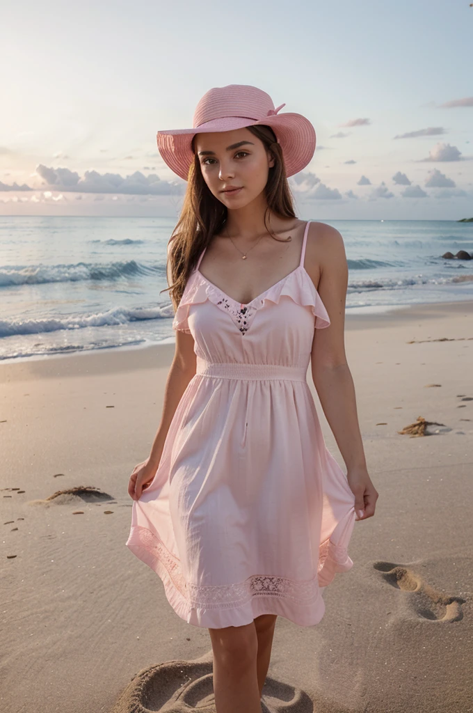 20 year old girl on the beach dressed in pink with light brown hair, Piel blanca, y ojos color miel, (hermosos ojos detallados, hermosos labios detallados, ojos y rostro extremadamente detallados, long eyelashes), disfrutando del sol y el sonido de las olas rompiendo. She is barefoot on the warm sand., sintiendo la suave brisa en su rostro. The beach is surrounded by palm trees and a clear blue sky.. The girl is wearing a flowing pink dress that matches the color of her outfit., dando un toque femenino y vibrante a la escena. Ella sostiene un sombrero de paja en la mano., lista para protegerse del sol. Gentle waves wash over your feet as you stand at the water's edge.., creating a feeling of relaxation and tranquility.. La luz del sol ilumina su entorno., creating a soft and warm atmosphere. The colors of the scene are vibrant and vivid, with a warm color tone to convey a feeling of summer and joy. The lighting is natural and soft., Casting soft shadows on the sand and the girl's face., mejorando el realismo general de la imagen. La calidad de la imagen es (Mejor calidad, 4k, 8K, high resolution, obra maestra:1.2), ultra detallado, (realista, photorealista, photo-realista:1.37), with a sharp focus on the characteristics of the girl and the environment around her.. The style of the artwork is a combination of portraits and landscapes., Capturing the beauty of both the girl and the beach landscape..