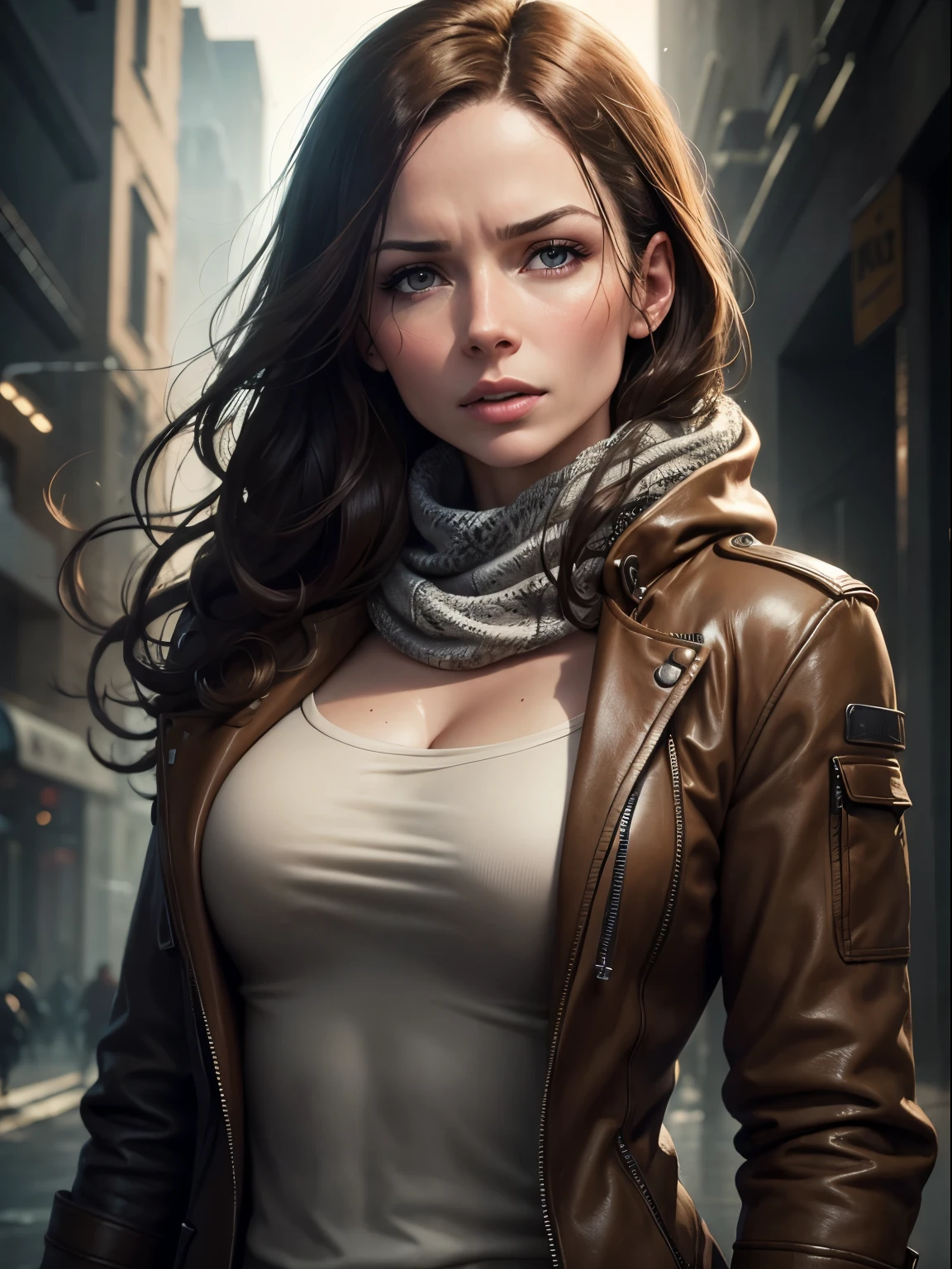Rebecca Ferguson, looking square on at viewer, scruffy jacket, jumper and keffiyeh, head and shoulders, photorealistic, looking directly into camera, moist skin, serious expression, dramatic lighting