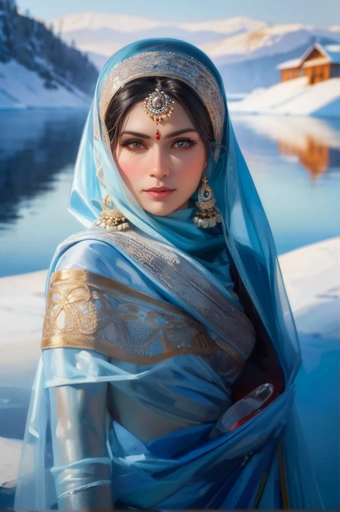 Craft an portrait art of a captivating Russian Hindu woman in a saree, surrounded by the frozen landscapes of Lake Baikal in winter. Play with the reflection of icy surfaces and the woman's warmth to create a mesmerizing visual contrast.