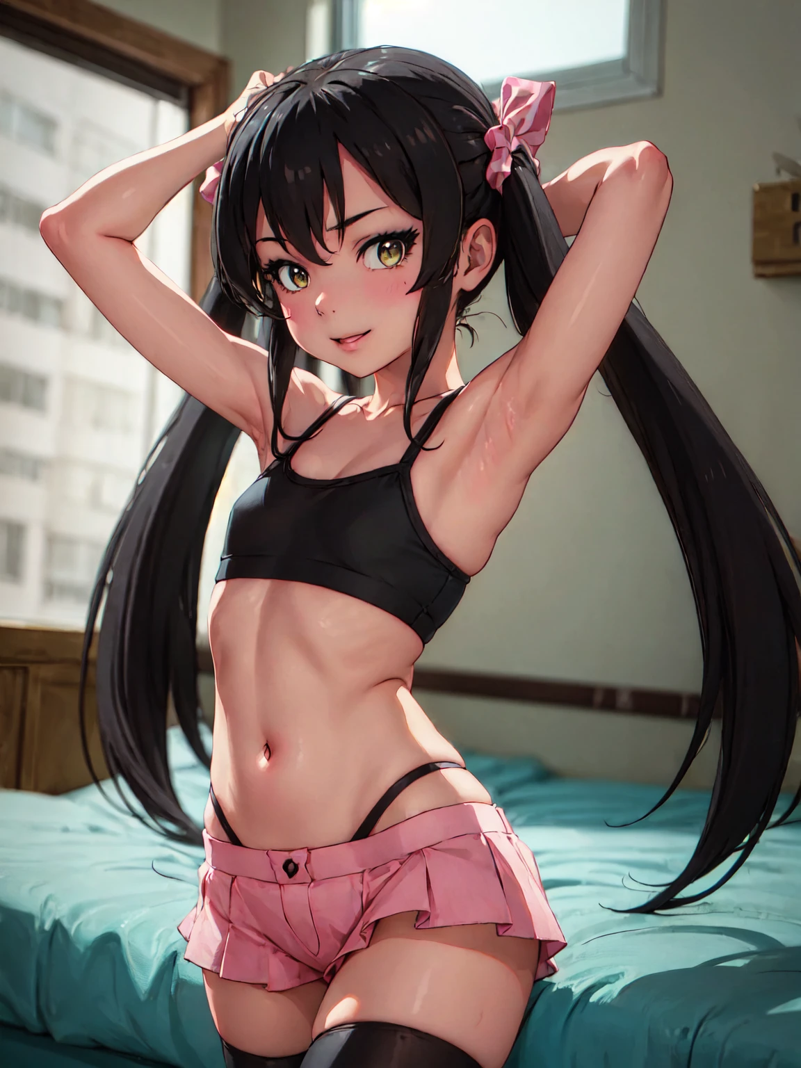 masterpiece, best quality, highres, Matoba risa, 1girl, solo, black hair, long hair with twintail, busty, super flat chest, shorts, pink hotpants, sport bra, black thighhighs, looking at viewer, light smile, close mouth, blush, full body, standing, background, arms behind head, ((double armpits)), (erotic pose:1.4)