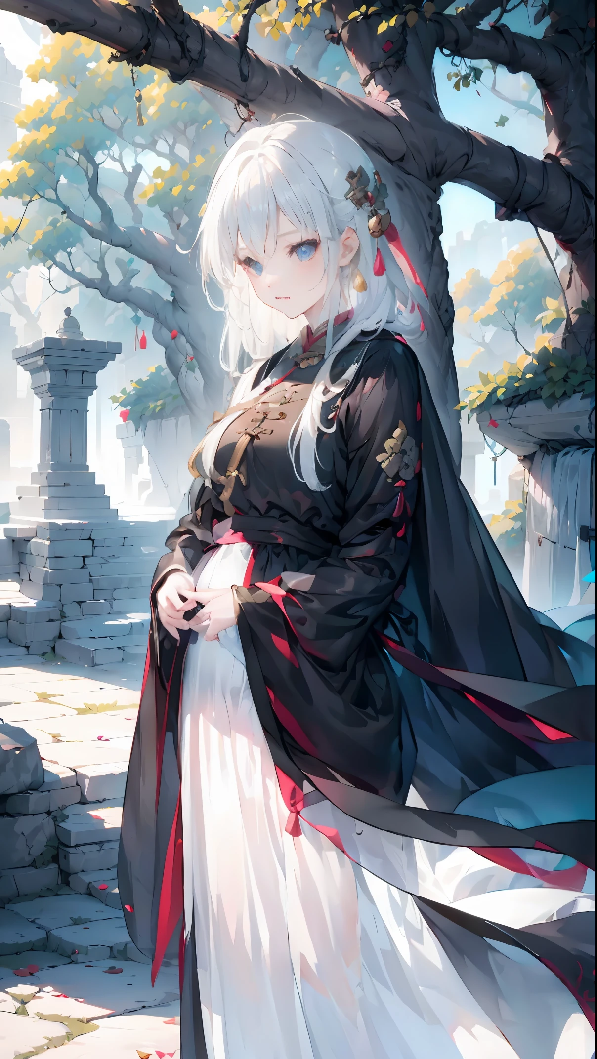 Golden hairpin, white ash hair, black shirt, white skirt, (black cloak:1.2), pale face, sweating, heavy breath, blushing, pregnancy  dresest quality:1.2), ultra-detailed,realistic ,portraits, vivid colors, soft lighting, interesting PoV, stocking, straight hair, pregnant, Pregnant  belly, anime girl, solo girl, light blue eyes, Chinese sword, swing sword