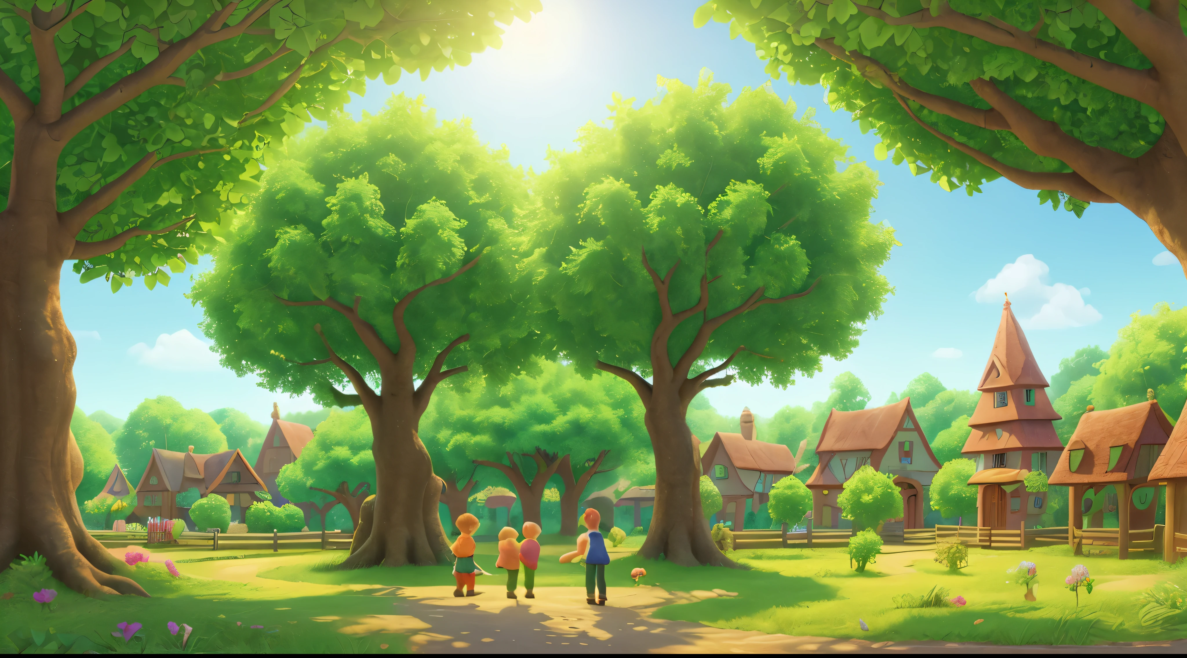 magical town surrounded by lush greenery. In the heart of the town stands the Enchanted Orchard, with the magical apple tree glistening in the sunlight. Two boys exploring the orchard