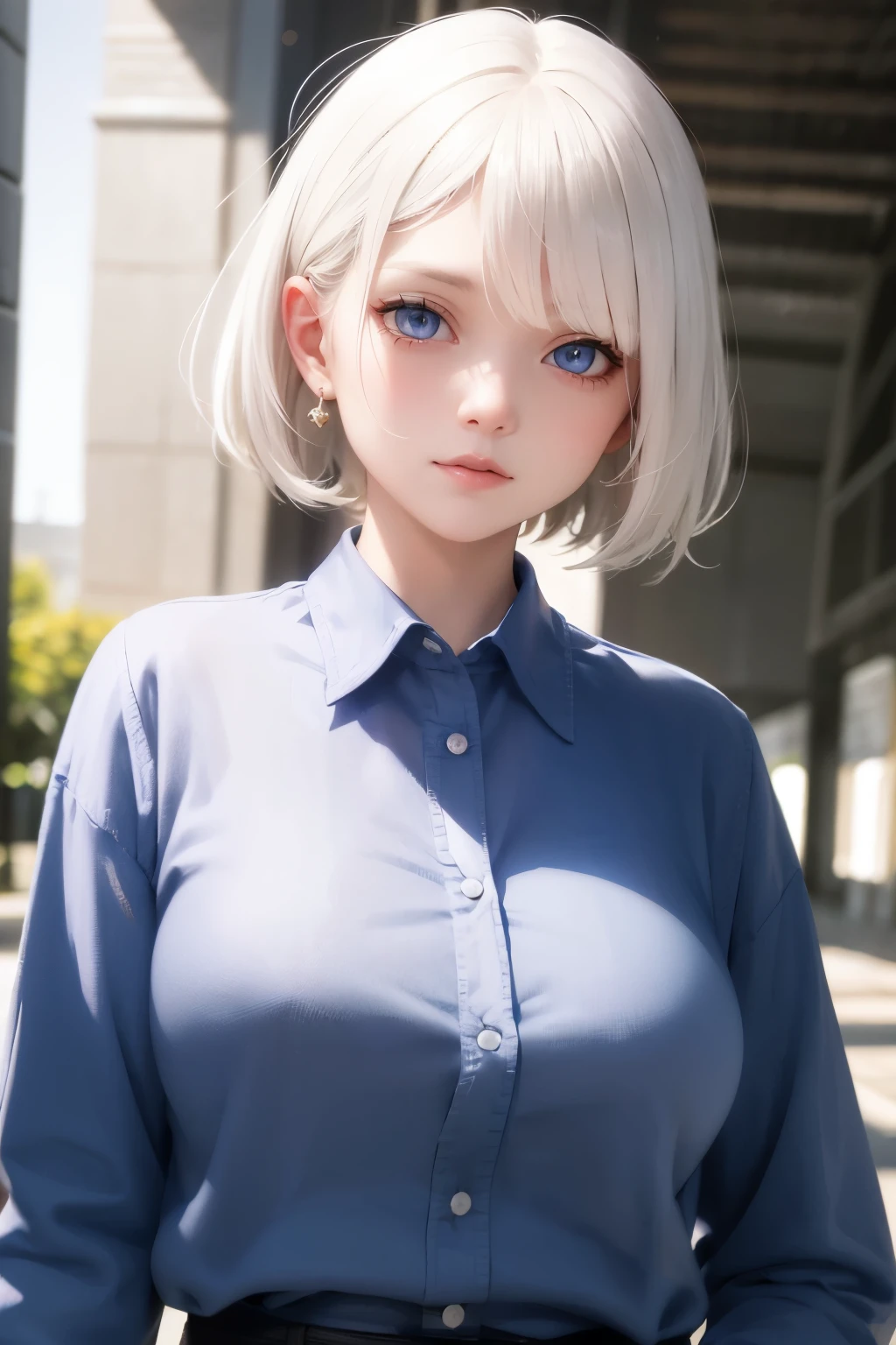 18 year old female，gray hair，short bob，Blue eyes，very huge breasts，perfect hands，((3D anime style))，