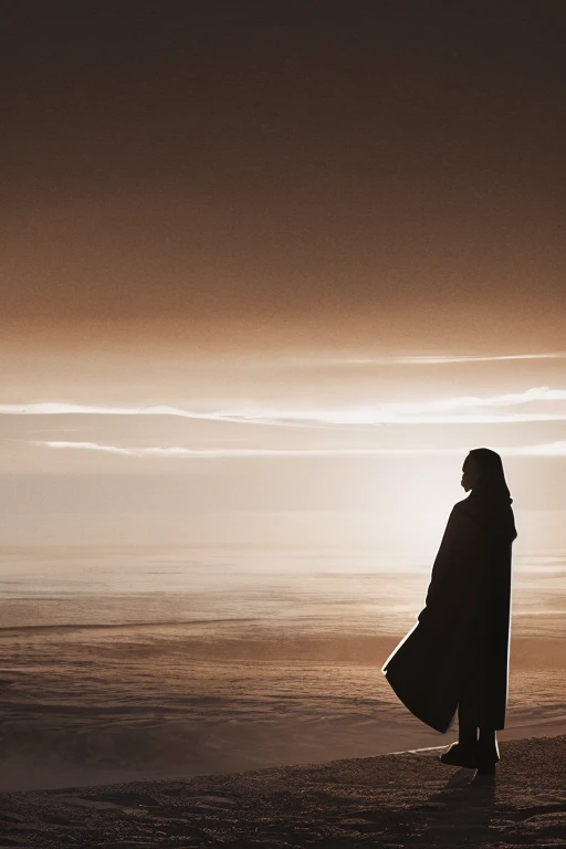 Create a silhouette technique with a limited palette to enhance the mysterious vibe. A harmonious blend of simplicity and atmospheric depth, using negative space to highlight the interaction between the human element and the vastness of the unknown imagery that marries smooth gradients with sharp, detailed clean lines, perfect for conveying the layered textures of the scene. A profound sense of serenity and introspection, as the scene captures the silent communion between the individual and the infinite.