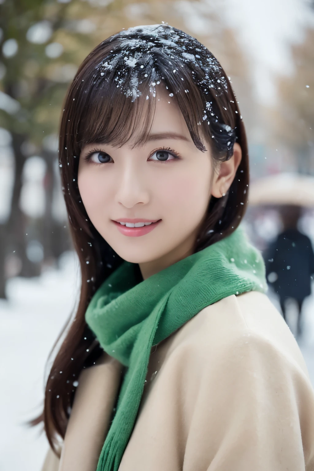 1girl in, (Beige coat, Green muffler:1.2), (Raw photo, Best Quality), (Realistic, Photorealsitic:1.4), masutepiece, Extremely delicate and beautiful, Extremely detailed, 2k wallpaper, amazing, finely detail, the Extremely Detailed CG Unity 8K Wallpapers, Ultra-detailed, hight resolution, Soft light, Beautiful detailed girl, extremely detailed eye and face, beautiful detailed nose, Beautiful detailed eyes, Cinematic lighting, Illuminations coloring the city on a snowy night, (Illumination of street trees covered with snow like frost-covered trees:1.4), Snowy landscape, It's snowing, snow fell in my hair, Diffuse reflection of light, α80mmF1.8, Perfect Anatomy, Slender body, Small, Smiling