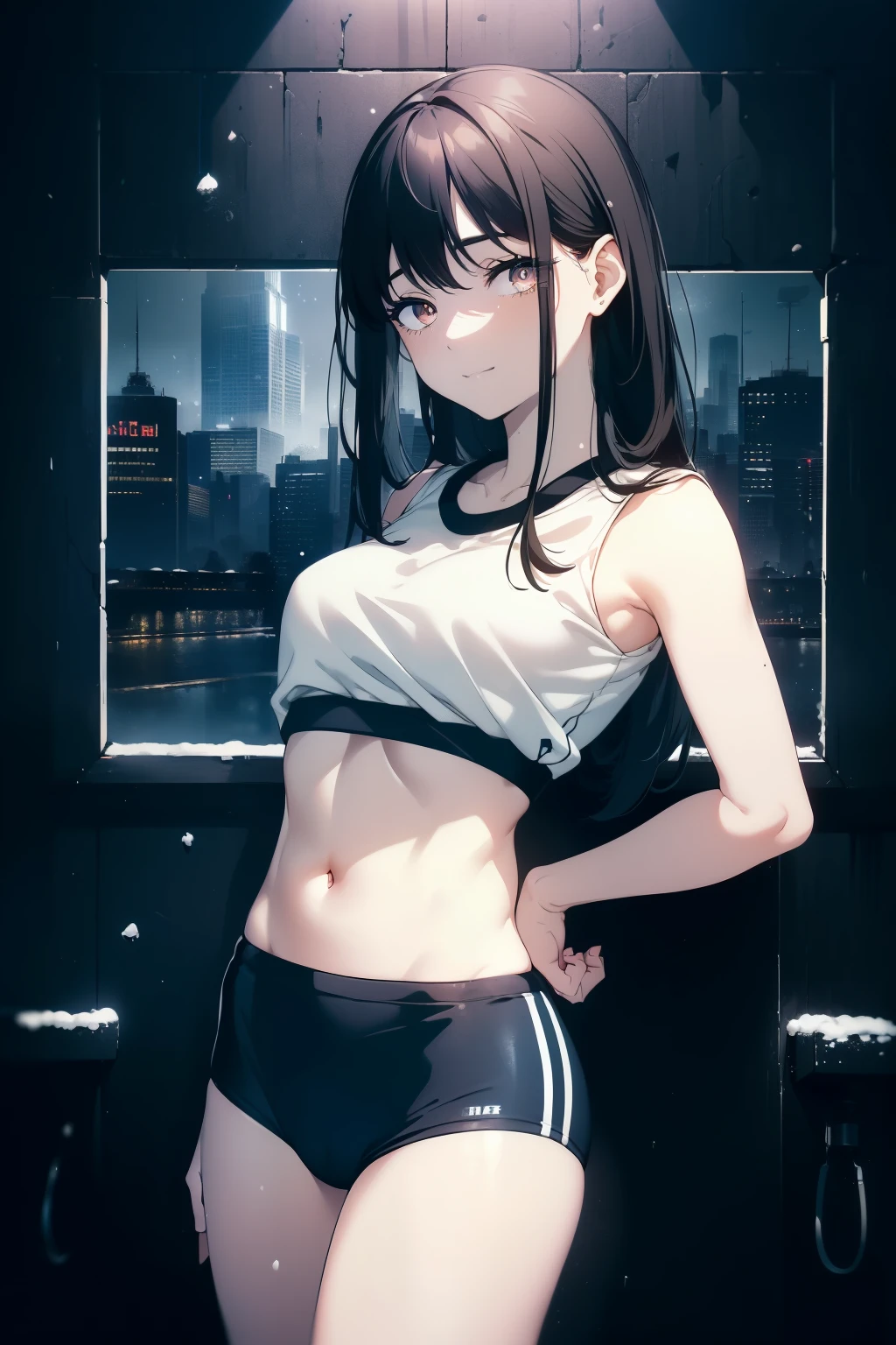 ((Obra maestra, La mejor calidad, ultrahigh resolution)), (((a girl in a gym uniform, blue Japanese ladies gym shortlack hair, dark black hair))), long hair cut, pale skin, ((brown eyes)), glowing_eyes, neon eyes, (ultra detailed eyes:0.7, beautiful and detailed face, detailed eyes:0.9), ((centered)), ((cute smile, pretty)), facing viewer, eye level, ((vibrant background, snowy landscape, cityscape, snowing)), flat chested, looking at viewer, ((half closed eyes)), ((perfect hands)), (((head:1, arms, hips, elbows, in view))), ((hands behind back)), empty eyes, beautiful lighting, outside, outdoors, background, defined subject, 18 years old, (head tilt)