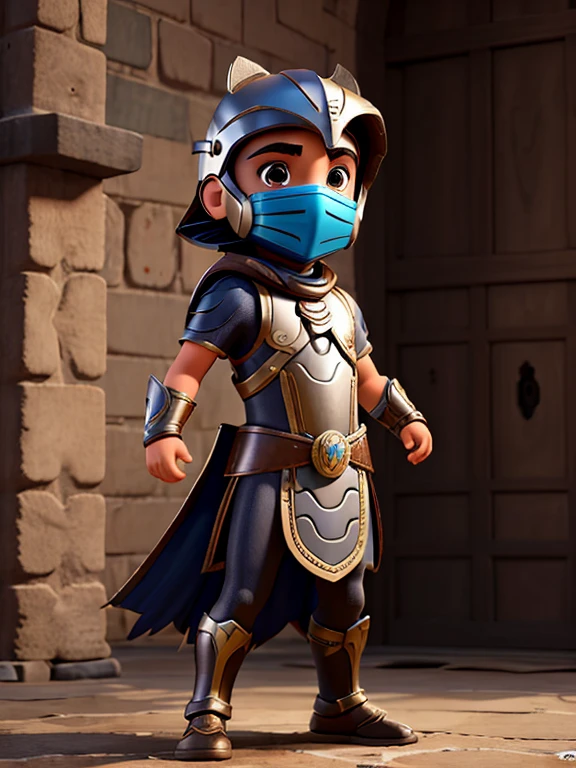 comic 8 boy with battle mask, vestido de armadura inspirada em lobo, com colete de metal marrom, pele branca, pose de luta