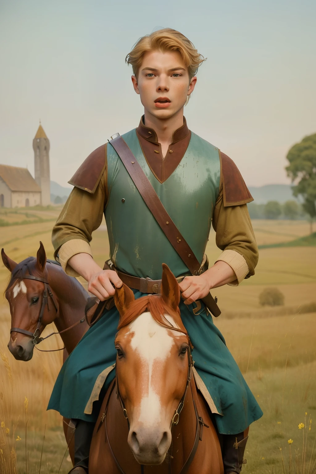 1140, Shiring county, England. otherworldly scene in a medieval rural village, ((((23-year-old)) Hunter Parrish)), on a war horse, ((((furious hate expression)))), ((((tunic from the 12th century)))), ((Hairstyle of the 12th century)), ((Wes Anderson cinematic style)), colorful