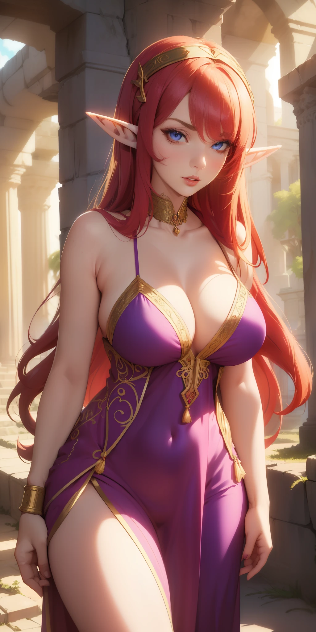 Big saggy breasts, she is an adult elf ((beautiful 23 year old elf)), (stylish straight red hair, fluffy hairband), double eyelids, red eyes, clear and detailed, hyper detailed, light effect on eyes, sensual body, ((fantasy purple long nightgown, fantasy style, medieval style, embroidered details on the nightgown, beautiful and cool, golden details)), necklines, ((masterpiece, hyper realistic, hyper detailed, best quality, 16k , light and shadow on the skin, bright colors), eyeliner, thin eyebrows, sensual expression, perfect lips, innocent and sexy face, ((skin with light and shadow), beautifully seductive and embarrassed woman, cute expression, half-open mouth ((she is a beautiful shy elf)), flirting with the viewer, beautiful, charming, set in a ruined temple (((variable sensual poses)))