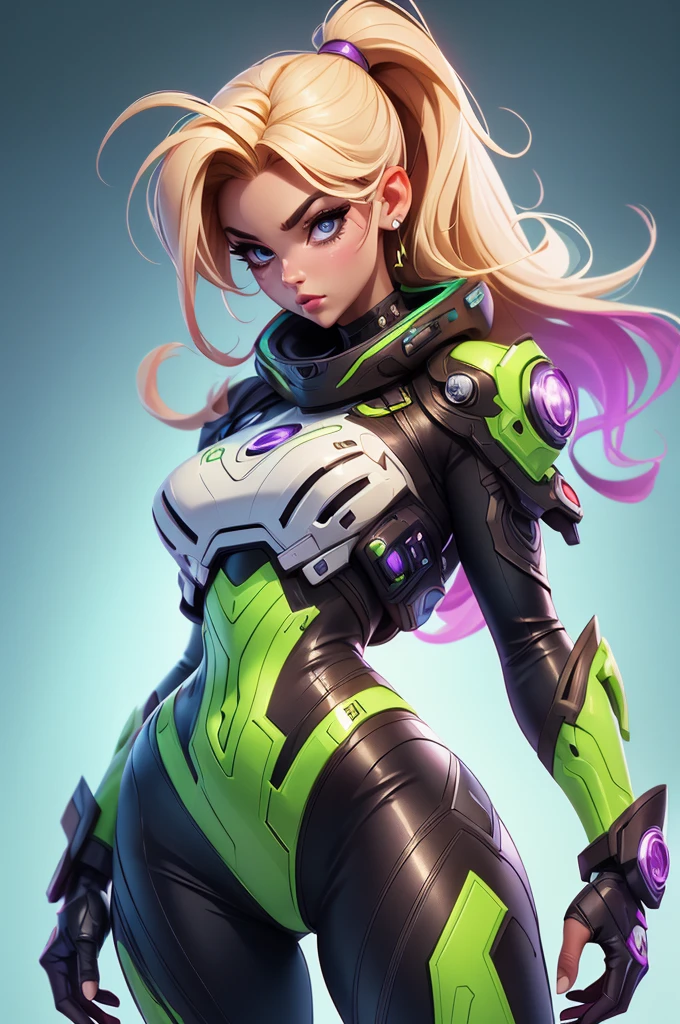(best quality,8k:1.2,high resolution:1.2),ultra-detailed,realistic,sci-fi female vitage super hero,retro futurism,blondie,beautiful detailed eyes,beautiful detailed lips,extremely detailed eyes and face,long eyelashes,Purple latex clothes,tight-fitting suit,green color hose,shiny metallic accessories,neutral white background,professional,vivid colors,physically-based rendering,sharp focus,studio lighting,concept artists