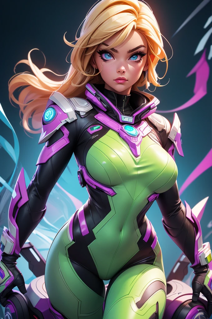 Best quality, 8K, vivid color, woman retro super hero futurism, full body, standing, facing away from the observer, golden hair, long eyelashes, light purple shiny leotard, cleavage, metalic details, light green pantyhose, neutral sci-fi scenario
