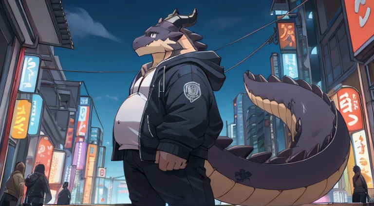 Herbivoredragon, solo, male, adult,black scalie, black horns,big tail, blue sky eye,Black pupils,detailed eye, Detailed face,hansome face, chubby body,Human body posture, reptile, digital artwork , wearing white shirt,wearing Hoodie, Wearing a headset around the neck, background Tokyo cyberpunk city,Many skyscrapers, stand, 3 point perspective, far view angle,Display character objects in the right corner,Appearance Show from top to toe, Body tilted to the right, eyes fixed on the viewer, wallpaper, colorful ,hyper quality, hyper size resolution