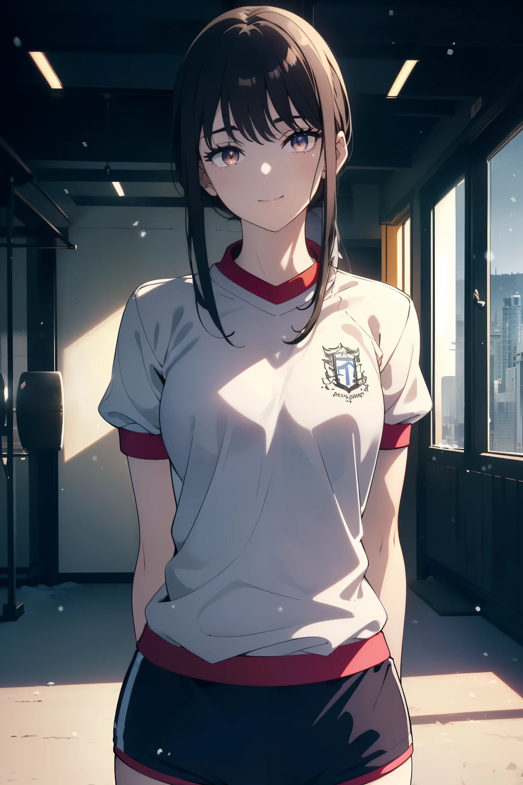 ((Obra maestra, La mejor calidad, ultrahigh resolution)), (((a girl in a gym uniform, blue Japanese ladies gym shortlack hair, dark black hair))), long hair cut, pale skin, ((brown eyes)), glowing_eyes, neon eyes, (ultra detailed eyes:0.7, beautiful and detailed face, detailed eyes:0.9), ((centered)), ((cute smile, pretty)), facing viewer, eye level, ((vibrant background, snowy landscape, cityscape, snowing)), flat chested, looking at viewer, ((half closed eyes)), ((perfect hands)), (((head:1, arms, hips, elbows, in view))), ((hands behind back)), empty eyes, beautiful lighting, outside, outdoors, background, defined subject, 18 years old, (head tilt)