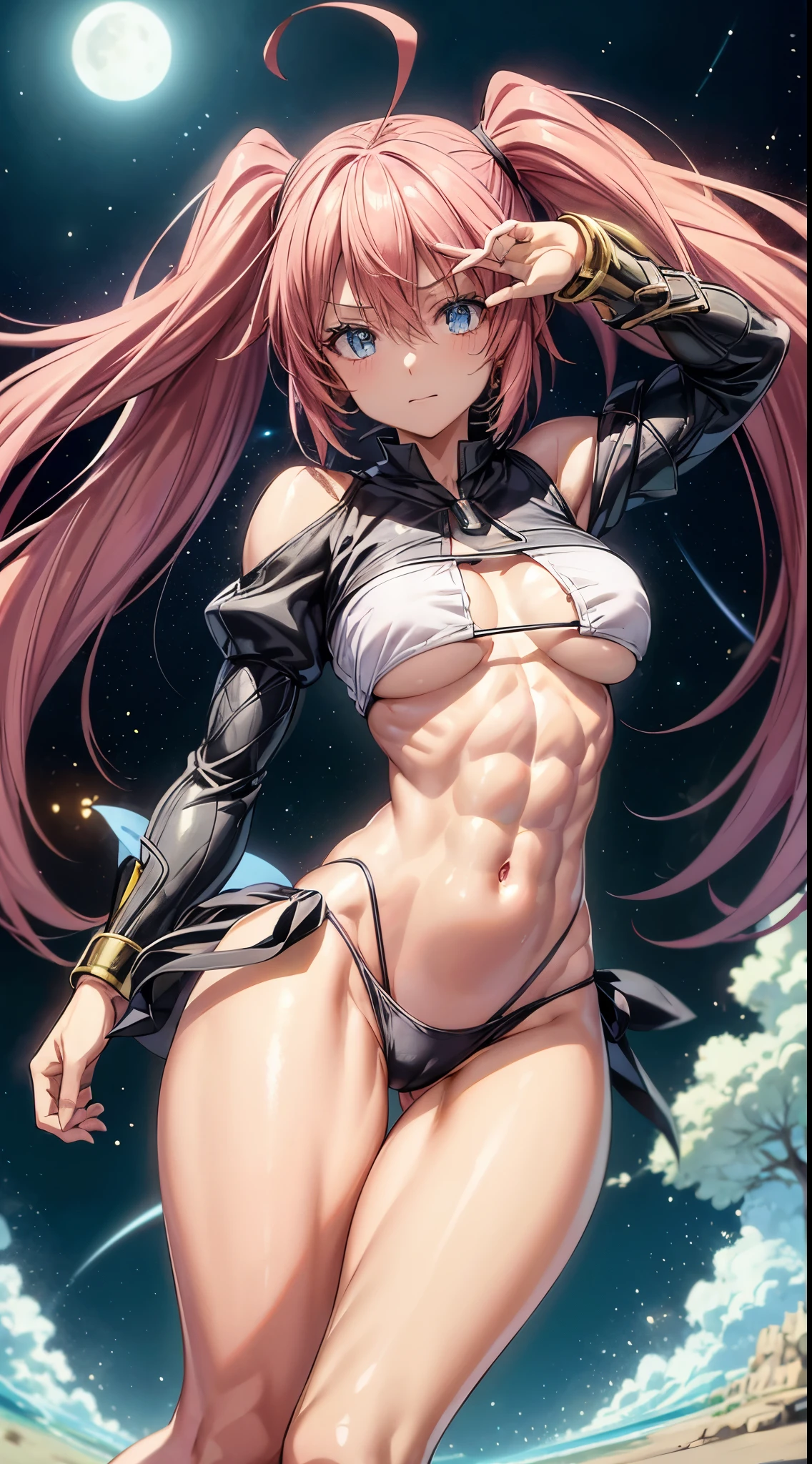 1 girl, (medium breasts))), (((wearing a short bikini))), (long pink hair), (((blue eyes))), thin arms, (on the beach at night with a starry sky and a moon full of blood full), (slim waist), (((muscular legs))), muscular belly, bare feet, (((showing her big ass to me))), (full body photo), (twintails), Long Eyes, eye flare, moodiness, anime, anime style, ray tracing, flare, drop shadow, panorama, Sony FE, 8k, UDisk, master piece, accurate, anatomically correct, Super Detail, best quality, ultra high resolution, Hard Udisk, 16k