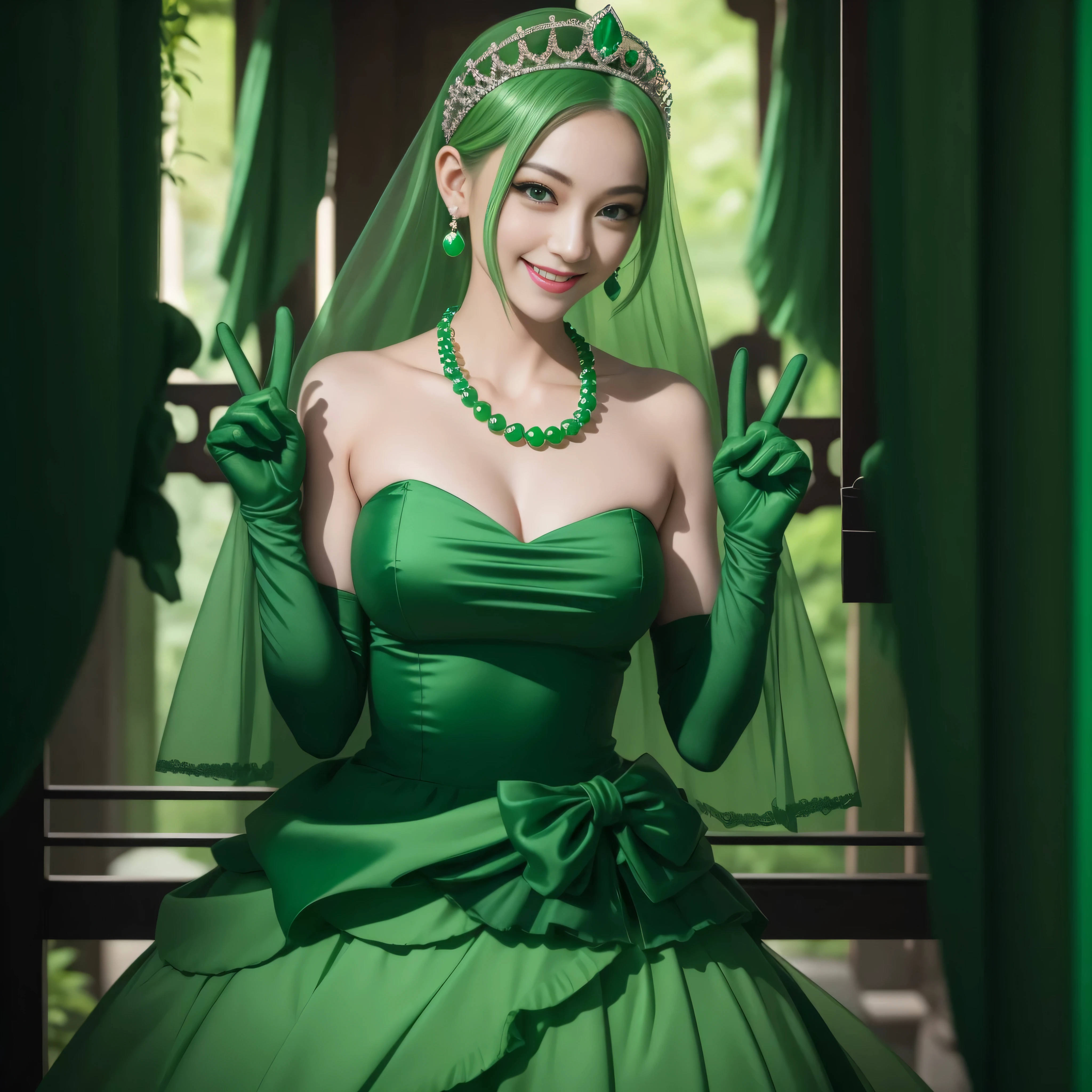 emerald tiara, Green Pearl Necklace, Boyish very short green hair, lipsticks, Japan woman smiling, very short short hair, big breasts beautiful, Green eyes, Long green gloves made of satin material, Green eyes, Emerald Earrings, green vale, v sign