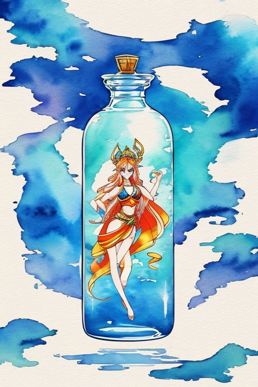 Genie in a bottle in anime style on watercolor background t-shirt design. Ardhanarishvara., illustration, painting, anime
