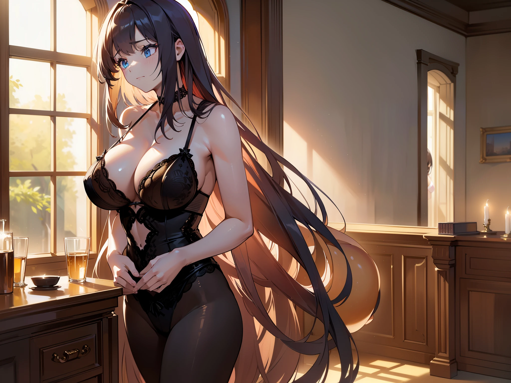 ((masterpiece)), ((best quality)), (ultra-detailed), ((cinematic light)), 8k, (couple), ((beautiful girl with long hair and huge breasts in lingerie)), ((shy scared boy with short hair and casual clothes)), they are in a room with wood furniture and window