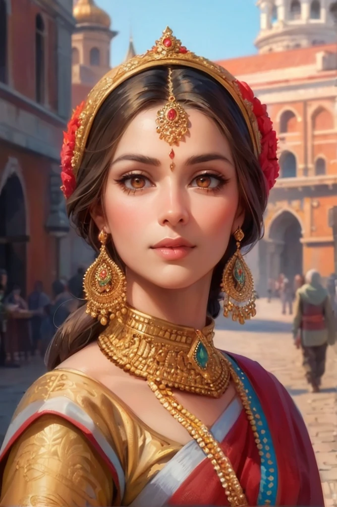 Generate an portrait art of a beautiful Russian Hindu woman in a traditional saree, exploring the ancient Golden Ring cities. ((Orange eyes)). Capture the essence of history and culture with cobblestone streets, medieval architecture, and the woman's timeless beauty.