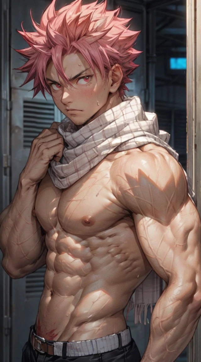 masterpiece, best quality red eyes, game cg, 1boy adult man, rugged adult face, solo, male focus, looking at viewer, upper body, Natsu Dragneel natsu_dragneel, pink hair, red eyes, shirtless naked, toned muscle, pectorals, 8 abs, toned legs, naked, slightly bulged, locker room, detailed, dynamic lighting, well lit, ((white scarf ))