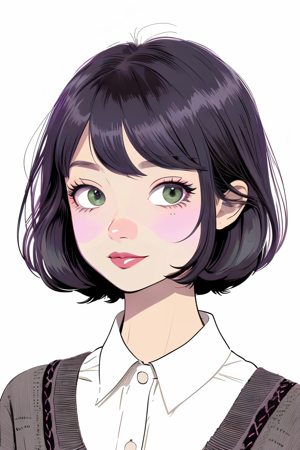 Illustration style、2D Beautiful Girl、dark grey HAIR、bob cuts、Green eyes、cocky expression、Lilac cardigan、White shirt