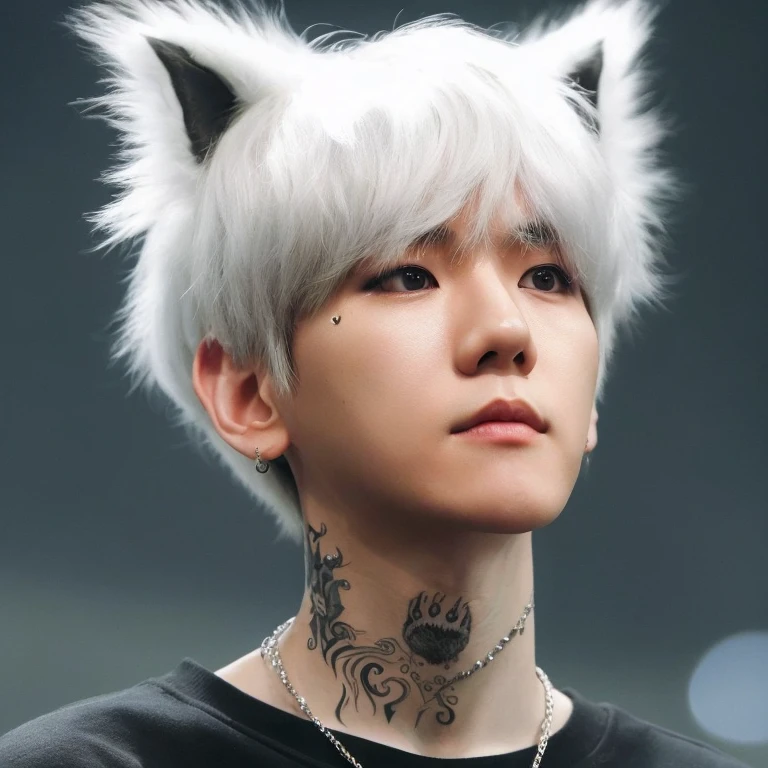a close-up of a person with a cat ear tattoo on their neck, orelhas de raposa branca, emo boy with orelhas de gato and tail, boy with orelhas de gato and tail, orelhas de lobo, wan adorable korean face, orelhas pontiagudas, Hong June Hyung, Cai Xukun, Inspirado em Jeonseok Lee, Kim Doyoung, Yoongi de cabelos pretos, orelhas de gato, raposa branca - cabelo Baekhyun Exo