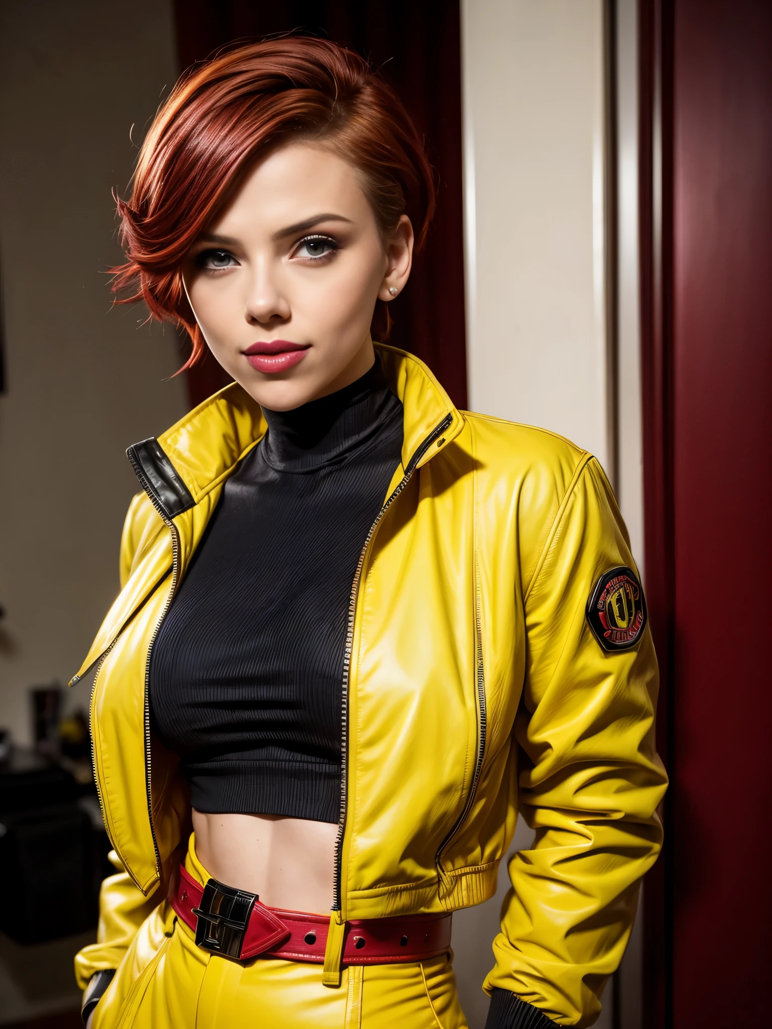 Scarlett Johansson, smiling, ((Very intense makeup)), ((bright lipstick)), short hair, red hair, yellow jacket, yellow belt, yellow pants, April