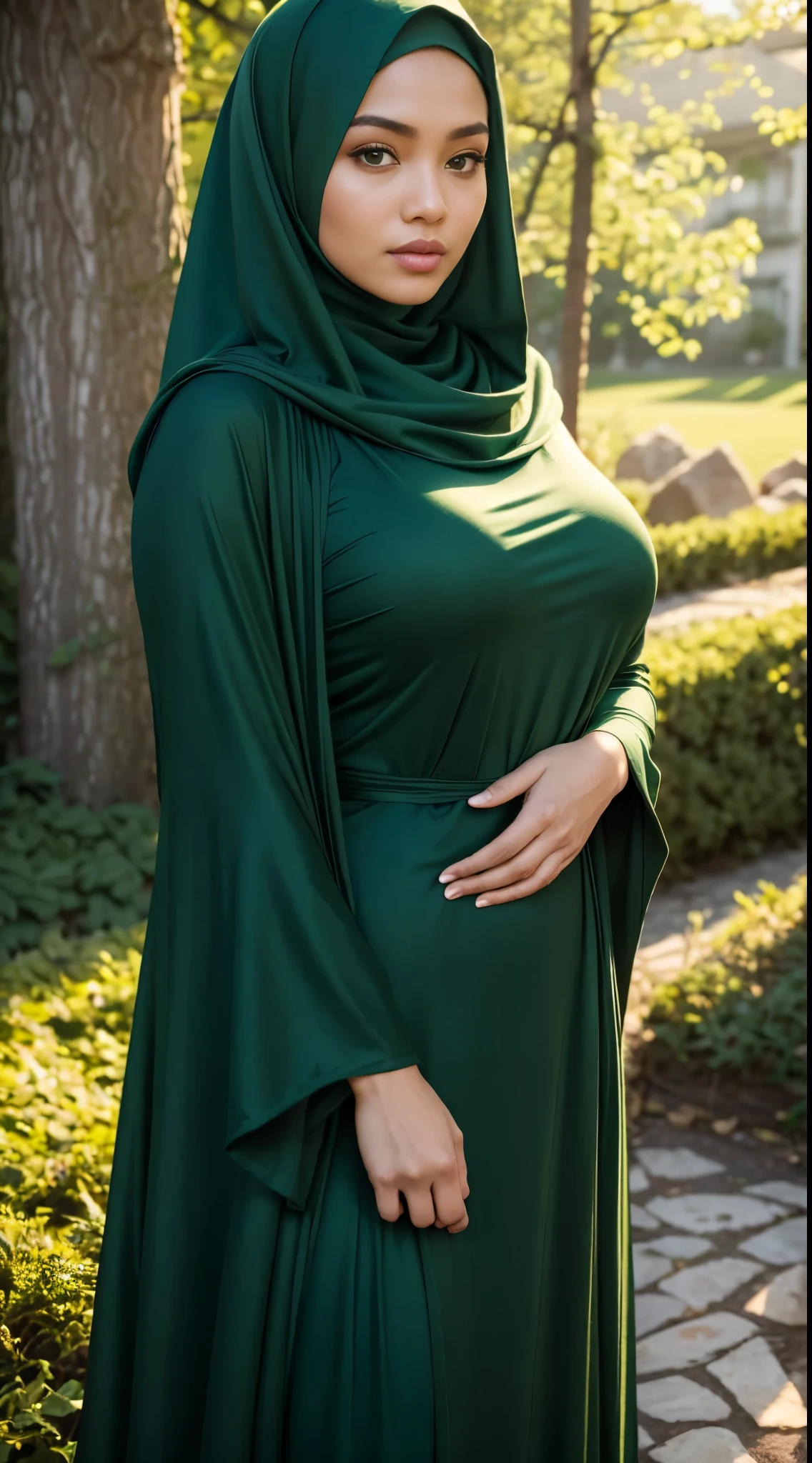 RAW, Best quality, high resolution, masterpiece: 1.3), beautiful Malay woman in hijab,Masterpiece, perfect fit body, ((Huge breast)), big orgeous eyes, Soft smile, beutifull face,thick thighs,woman in a green dress and a green shawl, modest flowing gown, green dress with a black hood, dark green, full covered dress, green cape, full body green dress, with a green cloak, dressed in a green robe, green cloak, ( ( dark green, dark green dress ,Delicate turtleneck, shairband, afternoon walk, City garden, Excellent lighting, Bright colors, Clean lines