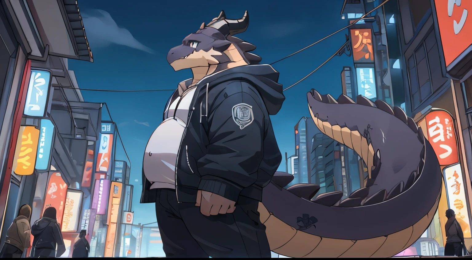 Herbivoredragon, solo, male, adult,black scalie, black horns,big tail, blue sky eye,Black pupils,detailed eye, Detailed face,hansome face, chubby body,Human body posture, reptile, digital artwork , wearing white shirt,wearing Hoodie, Wearing a headset around the neck, background Tokyo cyberpunk city,Many skyscrapers, stand, 3 point perspective, far view angle,Display character objects in the right corner,Appearance Show from top to toe, Body tilted to the right, eyes fixed on the viewer, wallpaper, colorful ,hyper quality, hyper size resolution