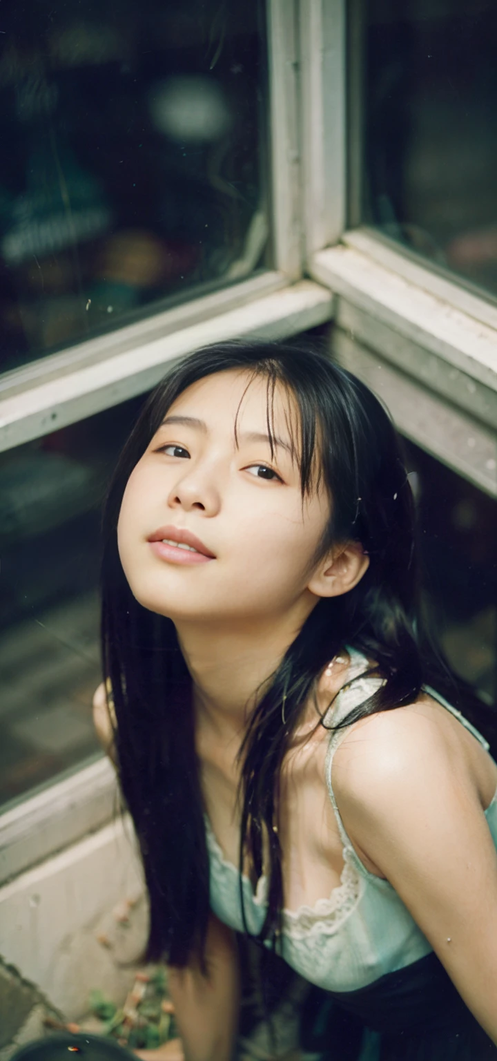 (From a straight above, bird's-eye perspective), 1girl, Realistic Chinese pretty teenage girl,16-years old,black long hair, pink colour silk lace nightdress，erotic, small breast,greasy, knelt on the ground, eye gazing up to the camera, with sweat on body, sweat body, sweat breasts, greasy body, greasy breasts, beside the window