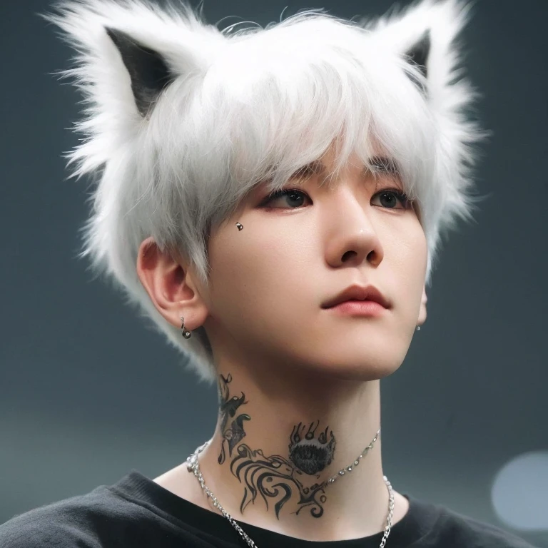 a close-up of a person with a cat ear tattoo on their neck, orelhas de raposa branca, emo boy with orelhas de gato and tail, boy with orelhas de gato and tail, orelhas de lobo, wan adorable korean face, orelhas pontiagudas, Hong June Hyung, Cai Xukun, Inspirado em Jeonseok Lee, Kim Doyoung, Yoongi de cabelos pretos, orelhas de gato, raposa branca - cabelo Baekhyun Exo