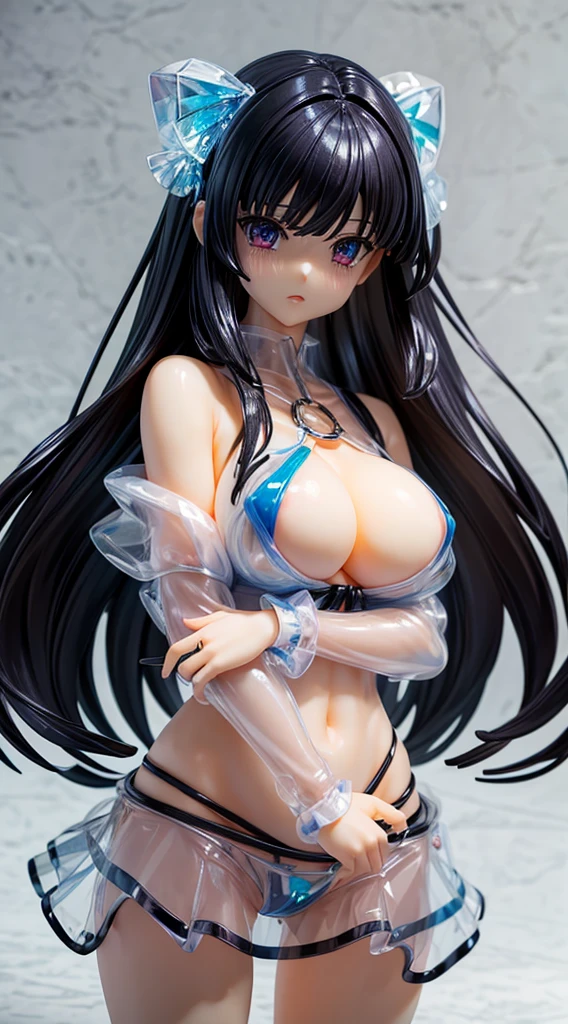 Ultra Miniature Paintings,pvc revoltech,figma,gunpla,Crystal clear shining eyes,embarrassed from,Bright face,Crying face,Cute,A sexy,kawaii girl, Constriction,big breasts thin waist,Slim big,Nipple protrusion,toppless,long, shiny hair,Transparent glossy vinyl ribbon,Transparent panties exposed,Off-the-shoulder see-through shirt,Transparent glossy vinyl miniskirt,embarrassed fromポーズ,ring light,Light source from the front,,face lights,