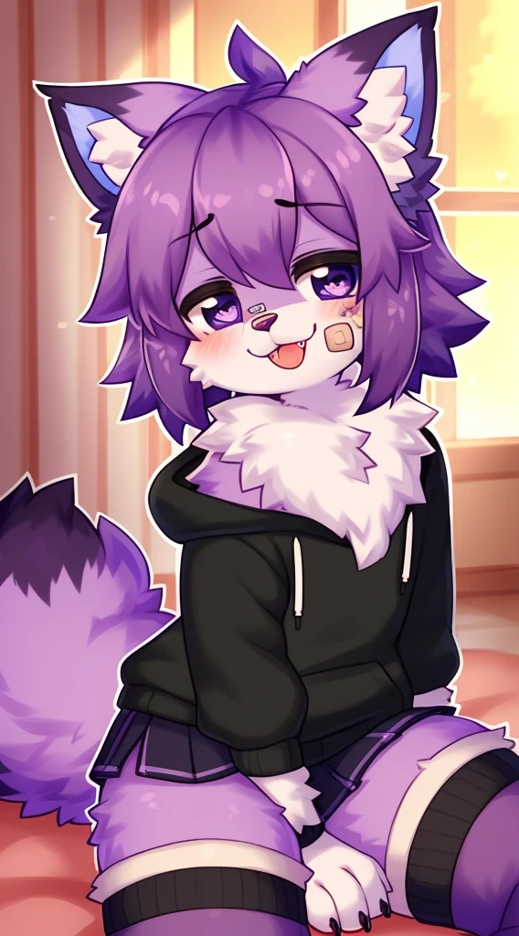 Furry male, eyeliner, eyelashes, (((black eyeshadow))), ((male focus)), lynx, (((purple fur))), (purple hair), furry, cute fangs, cute, medium hair, furry, anime style, fluff, fluffy, thuft, disheveled, realistic fur, detailed, detailed shadows, cheeks fluff, ((fullrender)), (((neck fluff))), <3 eyes, icon portrait, avatar icon, only face, smug face, ((super fluffy)), (upper body), one fang, ((shoulder fluff)), ((shoulder tuft)), ((hairy body)), (((fluffy body))), (((furry body))), thicc thighs, detailed hands, yiffy, teasing face, ((bedroom background)), (((kemono))), ((leg warmers)), ((arm warmers)), upper body, seductive pose, solo focus, ((by jinxit)), pawpads, claws, blush, :P, sitting, crotch fluff, crotch tuft, (view from between the legs), ((band-aid)), hoodie, miniskirt, (by kilver)