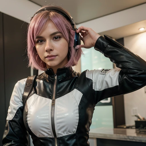 Gwen Tennyson,Lumine,Y'shtola Rhul, Tracer,nier automata,Oficina Ryza,fechar para cima,Mecha piloto,boate,Tatuagens,Plugsuit rosa e prateado,top branco manga curta,micro shorts de lycra roxo,cinta-liga,barriga descoberta,short hair,maquiagem fofa,olhos verdes,Cabelos dourados dimensionais,sorriso sexy,Sardas,Beautiful girl,seios grandes,8k,ultra detalhado, Realistic,arte de fantasia,Armadura ciborgue rosa brilhante,Mixer DJ,Fones de ouvido DJ,grandes alto-falantes,Uniforme DJ,piercings na orelha,menina saiyajin,Female Saiyan,jaqueta piloto rosa de manga curta,Dancing,