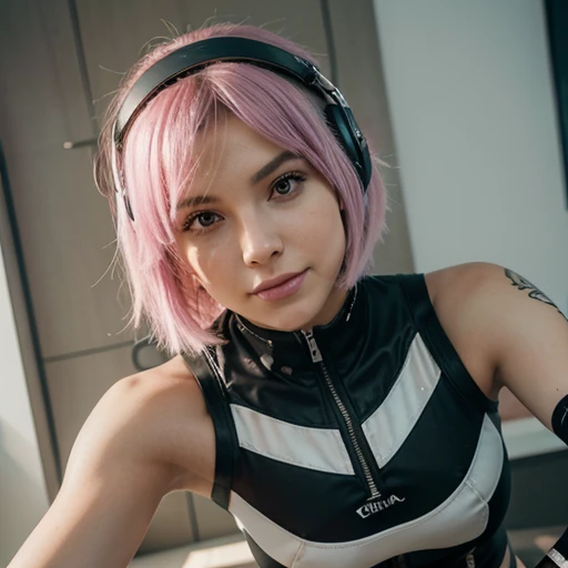 Gwen Tennyson,Lumine,Y'shtola Rhul, Tracer,nier automata,Oficina Ryza,fechar para cima,Mecha piloto,boate,Tatuagens,Plugsuit rosa e prateado,top branco manga curta,micro shorts de lycra roxo,cinta-liga,barriga descoberta,short hair,maquiagem fofa,olhos verdes,Cabelos dourados dimensionais,sorriso sexy,Sardas,Beautiful girl,seios grandes,8k,ultra detalhado, Realistic,arte de fantasia,Armadura ciborgue rosa brilhante,Mixer DJ,Fones de ouvido DJ,grandes alto-falantes,Uniforme DJ,piercings na orelha,menina saiyajin,Female Saiyan,jaqueta piloto rosa de manga curta,Dancing,