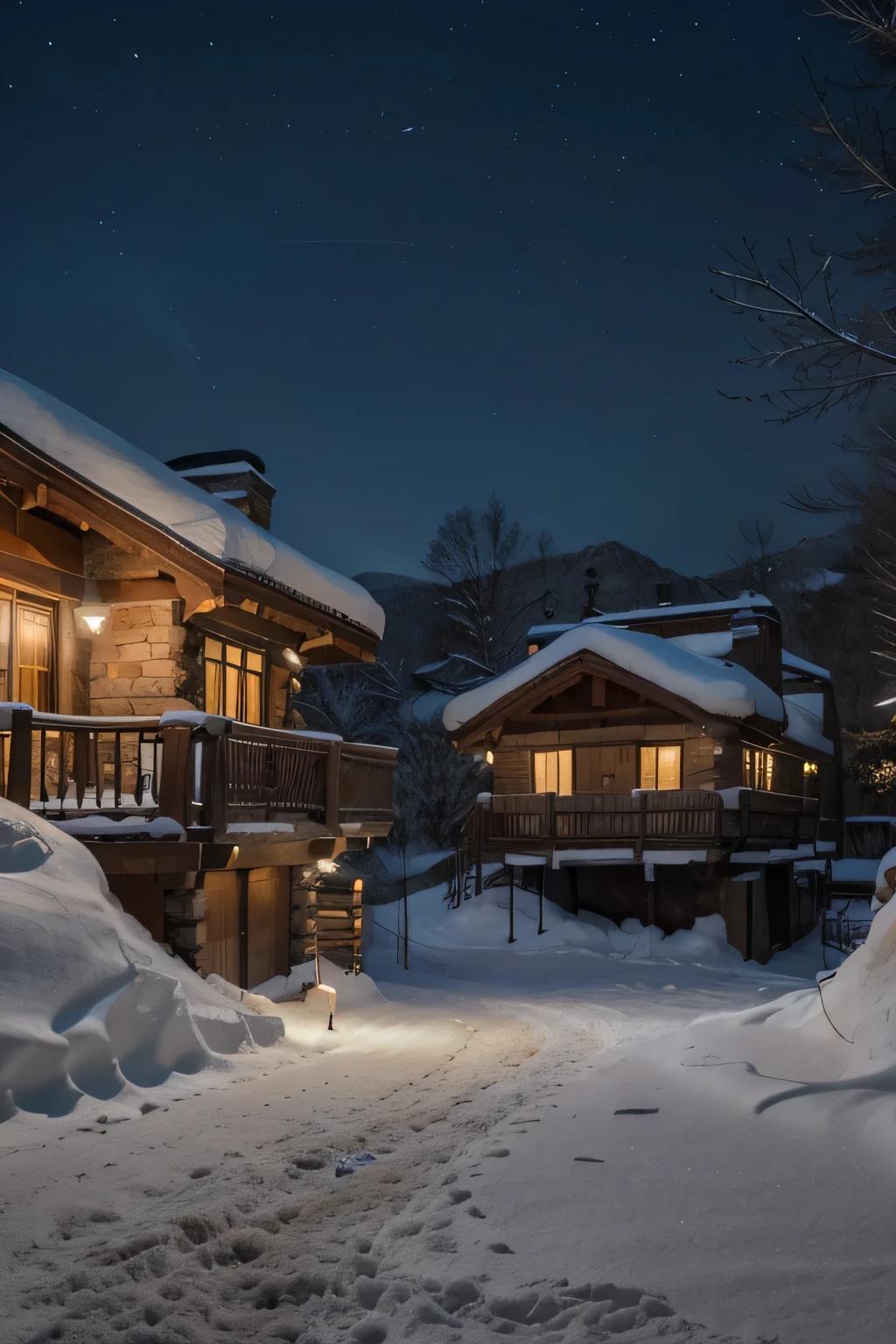 A serene winter night scene in a mountainous region, where traditional thatched-roof houses are blanketed in snow. The warm glow of lights from the windows suggests a cozy atmosphere inside, contrasting with the cold blue tones of the snow-covered landscape. The darkness of the night sky and the surrounding environment accentuates the illumination of the houses. There's a hint of human presence in this secluded area, as evidenced by the lights and the well-trodden paths in the snow.