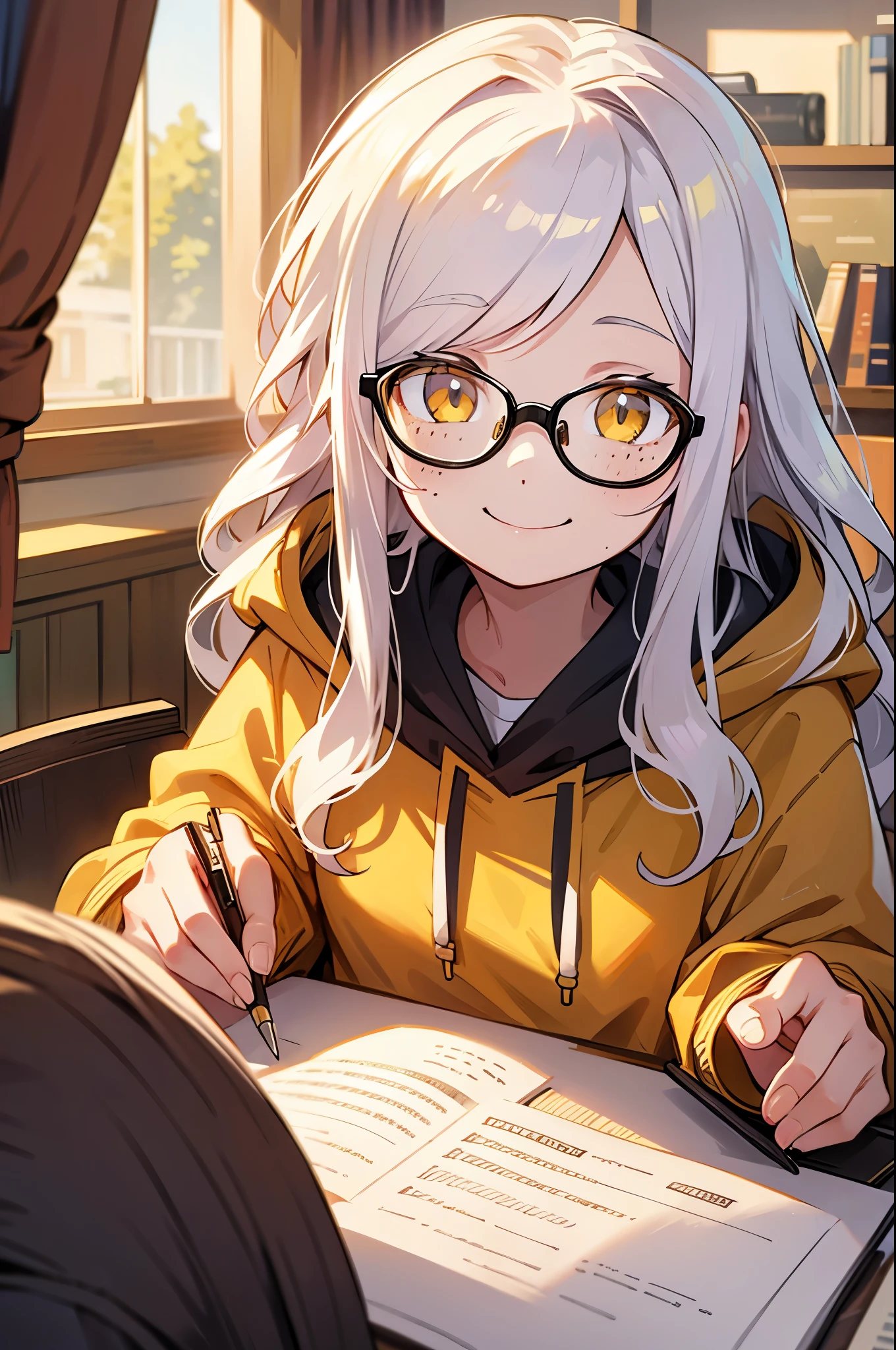 Freckles, glasses, long white wavy hair, smile, hoodie, yellow eyes, studying