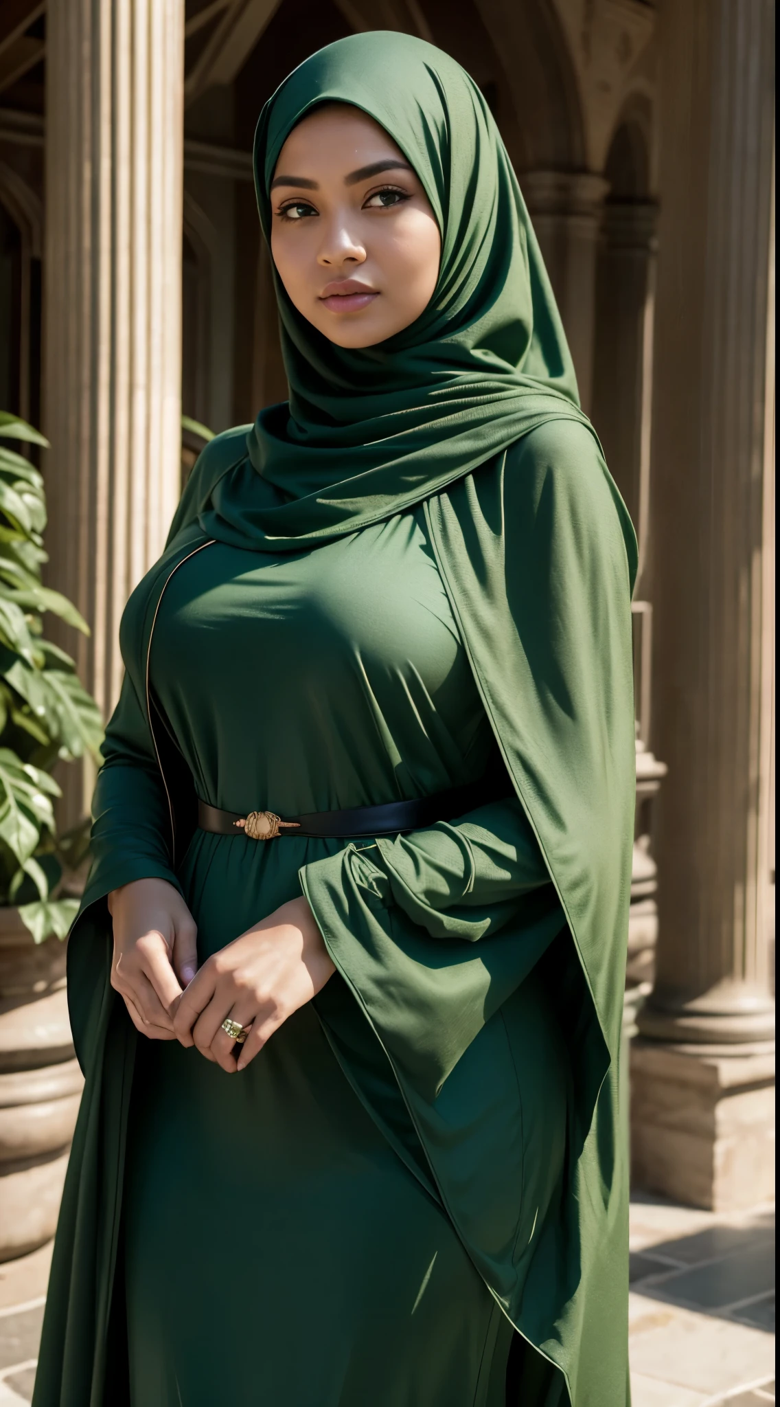 RAW, Best quality, high resolution, masterpiece: 1.3), beautiful Malay woman in hijab,Masterpiece, perfect fit body, ((Huge breast)), big orgeous eyes, Soft smile, beutifull face,thick thighs,woman in a green dress and a green shawl, modest flowing gown, green dress with a black hood, dark green, full covered dress, green cape, full body green dress, with a green cloak, dressed in a green robe, green cloak, ( ( dark green, dark green dress ,Delicate turtleneck, shairband, afternoon walk, City garden, Excellent lighting, Bright colors, Clean lines