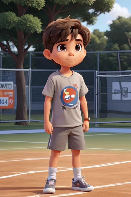 comic 8 year old boy, camiseta curta, Grey sneakers, bermuda laranja, cabelos loiros, playing tennis