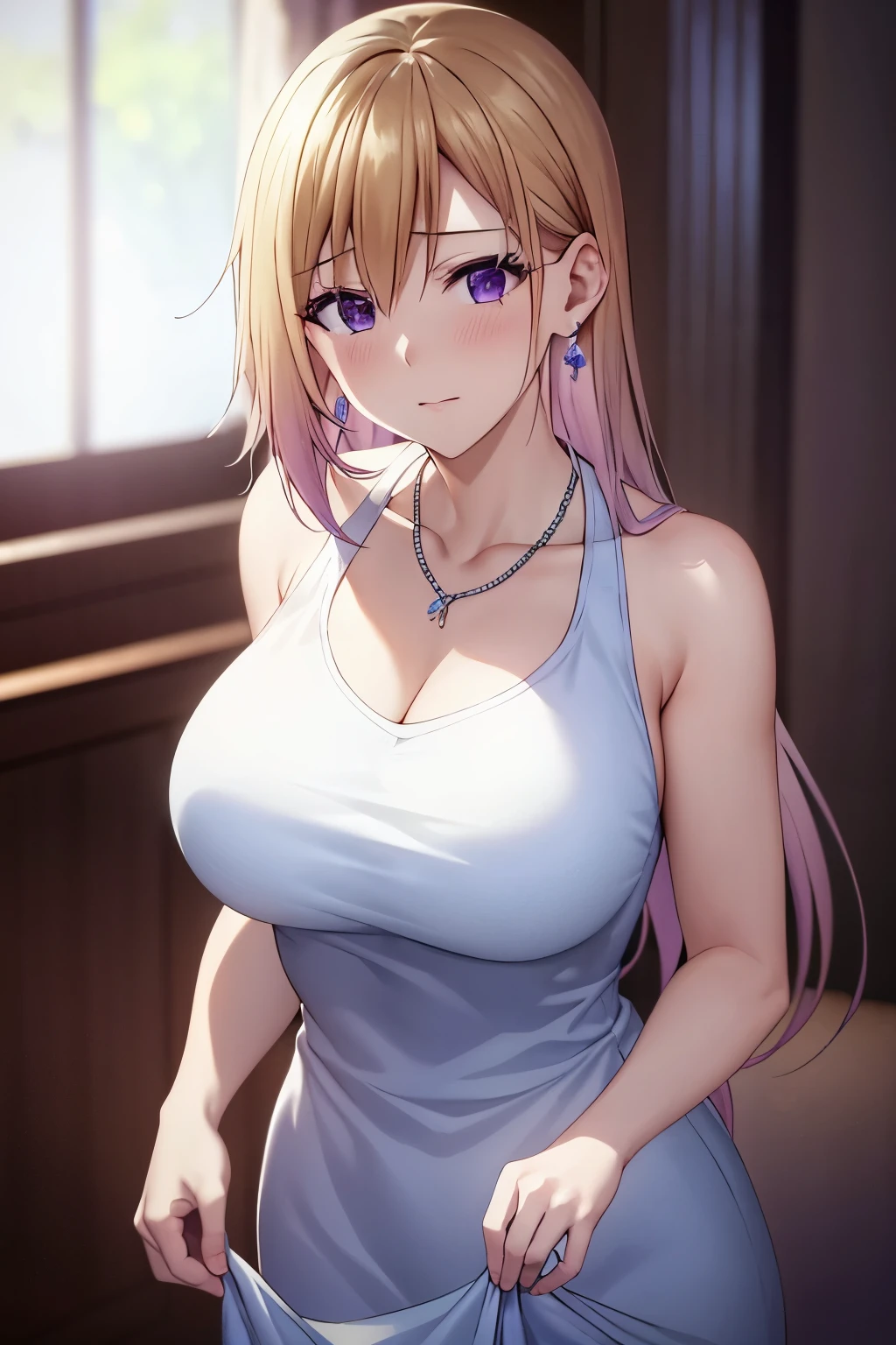 masterpiece, (best quality), 1woman,1girl ,1boy,,kawakami_mai,    blonde hair,  long hair, hair let down,  purple eyes, formal dress, white dress,   jewelry, necklace, earrings, large breasts, mole under eye, embarrassed,blush,  formal ,   vibrant colors ,,natural lighting  ,RTX,  , beautiful, (detailed face:1.2), showcase, (perfect eyes:1.1) ,(photorealistic:1.1), 8k uhd,  looking at viewer, indoorackround