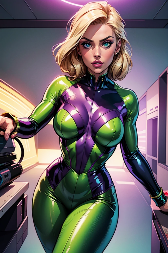 (best quality,8k:1.2,high resolution:1.2),ultra-detailed,realistic,sci-fi female vitage super hero,retro futurism,blondie,beautiful detailed eyes,beautiful detailed lips,extremely detailed eyes and face,long eyelashes,Purple latex clothes,tight-fitting suit,green color pantyhose,shiny metallic accessories,neutral white background,professional,vivid colors,physically-based rendering,sharp focus,studio lighting,concept artists