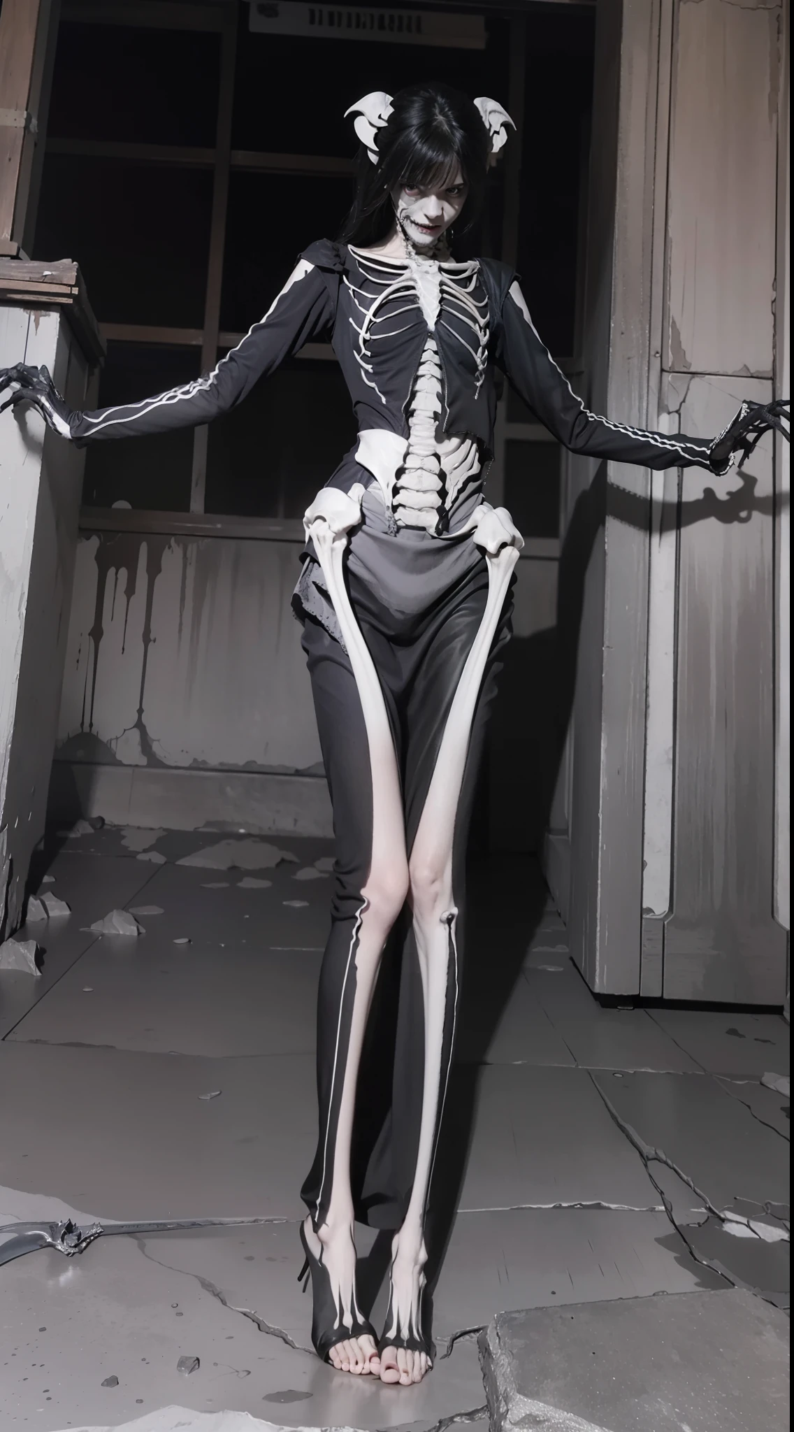 Fine matte painting, skeleton dark angel big wings haunted castle on drawing table full of knives, horror, spookiness, scary, secret horror, tentacles, vines, eyes, uncanny valley effect teeth, limbs, animals, blood moon