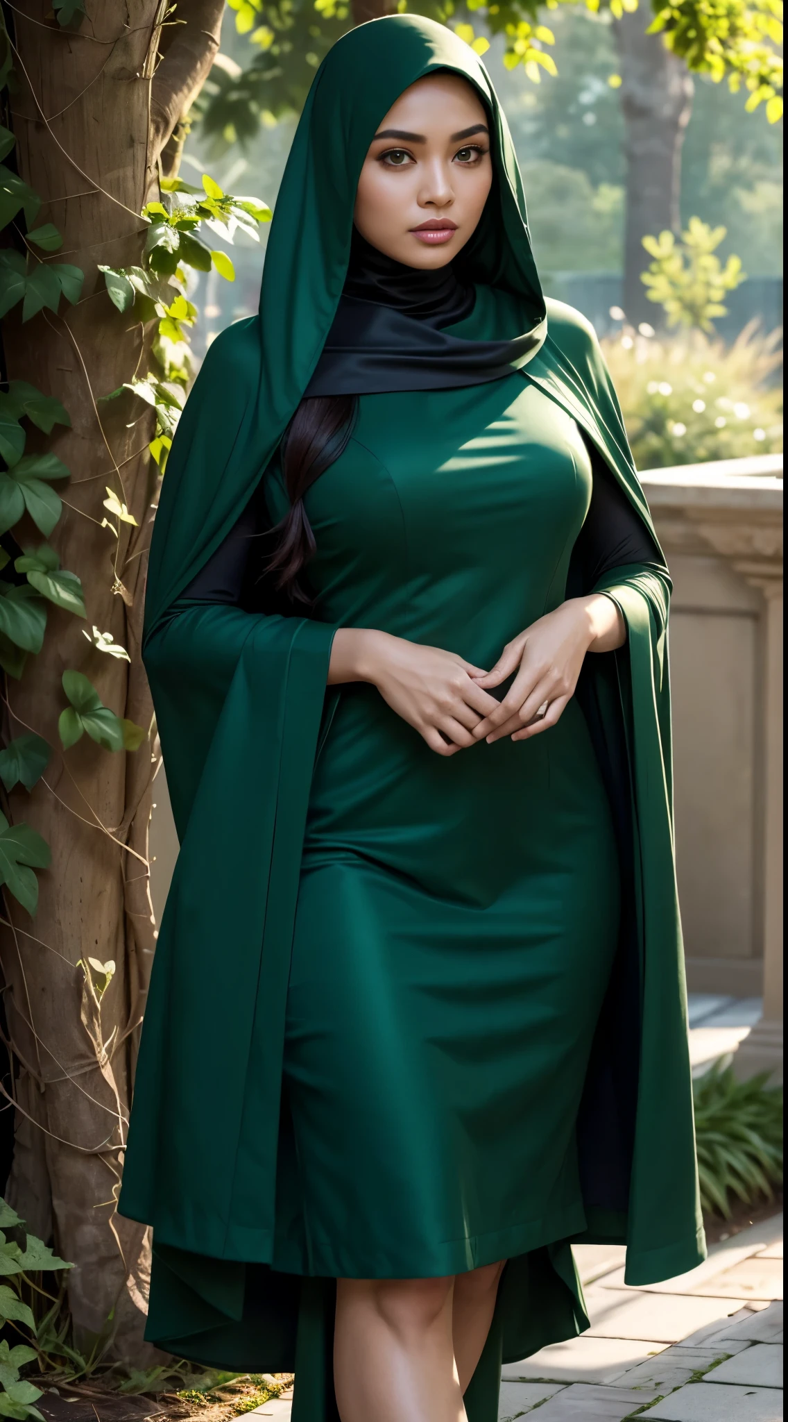 RAW, Best quality, high resolution, masterpiece: 1.3), beautiful Malay woman in hijab,Masterpiece, perfect fit body, ((Huge breast)), big orgeous eyes, Soft smile, beutifull face,thick thighs,woman in a green dress and a green shawl, modest flowing gown, green dress with a black hood, dark green, full covered dress, green cape, full body green dress, with a green cloak, dressed in a green robe, green cloak, ( ( dark green, dark green dress ,Delicate turtleneck, shairband, afternoon walk, City garden, Excellent lighting, Bright colors, Clean lines