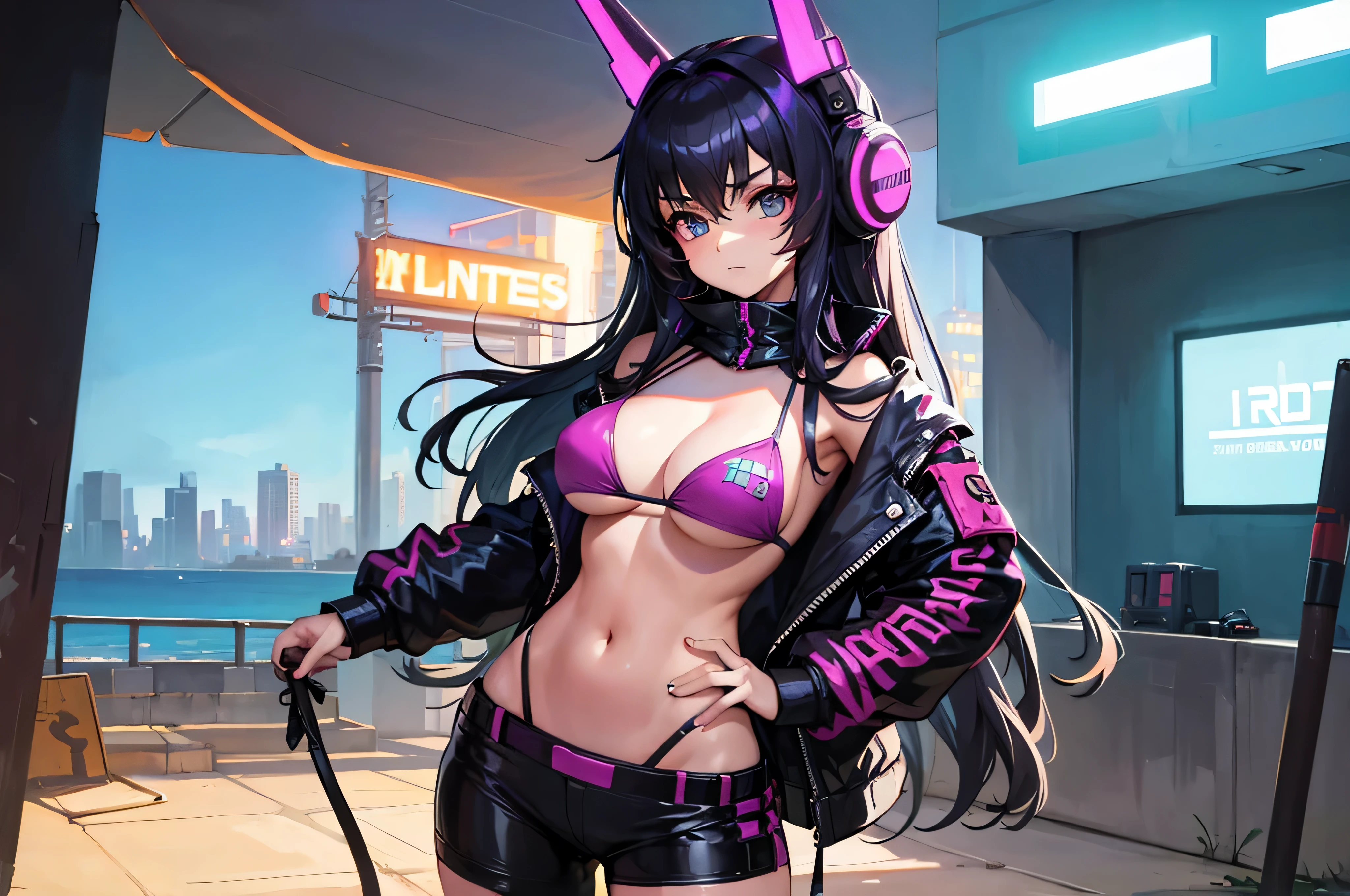 mujer hermosa en bikini , estilo cyber punk en la ciudad
