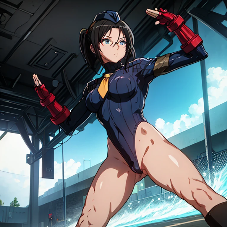 ultra-detailed, Explicit, Beautiful body, Beautiful Nose, Beautiful character design, perfect eyes, perfect face, ultra highres, 4K, beautiful legs, perfect legs, perfect anatomy, Nice hands, Perfect hand, Masterpiece, Best Quality, Highly detailed, illustration, absurdres, street fighter, doll suit, shadaloo doll, dollsuit, girls, multiple girls, expressionless, blank eyes, looking at viewer, red gloves, emotionless, black latex, corrution, mind control, female combatant, full body, hypnotized, unhappy trance, full body suit, ribbed bodysuit, both arms at side, obey, perfect female body, extremely glossy latex, hypnosis, hypnoLora, empty eyes, Mind control device, poses, submissive_pose, Slave, hat, necktie, stand up straight, standing, standing at attention, hat, necktie, belt, latex, ribbed bodysuit, thighhighs, garter belt, Fighting Stance, extending the right arm from the shoulder into the air with a straightened hand, nazi saluting, military, military saluting, salute, thigh boots, Glasses, Tanaka Asuka, Sound! Euphonium, black hair, long hair, blue eyes