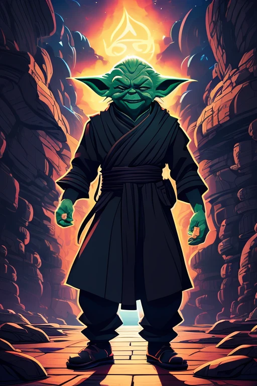 Create a vibrant fusion "round" sticker with full body illustration of a Hayao Miyazaki art cartoon style Yoda as a“Genie in a bottle” Yoda. Create a stylized character with clouds of light emanating from the character. The character has a very mischievous evil grin on his face. Use a black background only. Create a stylized illustration, dark and moody, vibrant sticker style full body image for print., 3d render, cinematic, illustration, dark fantasy, vibrant, graffiti