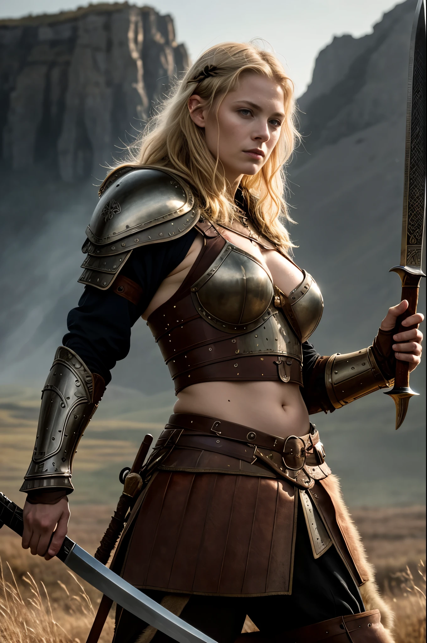 Masterpiece, a beautiful Viking woman, ((Michelle Pfeiffer:0.5)), ( Viking armor), (bigbreasts), (perfect body), (blonde matted hair), (short hairstyle), welding a sword, outside, dirty, spattered with blood,(skin texture:1.1), best quality, ultra high res, Raw photo, Nikon D850, backlight, rimlight, bright sunlight, film grain:1.2, (warm hue, warm tone:1.2), (color photo), fantasy battlefield background