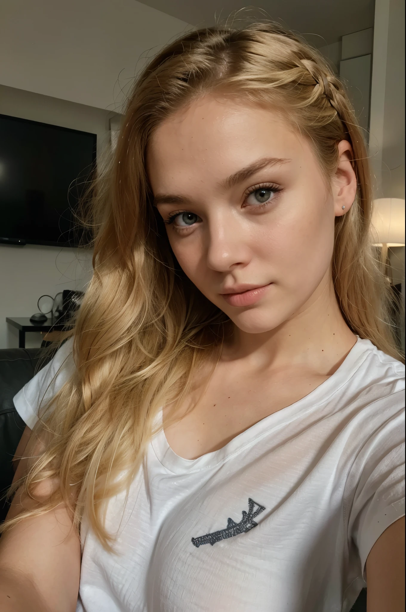 blonde hair, long hair, beautiful woman 23 years old, mole under lip, freckles on face, nude, close up, only top, standing in a bedroom, canon apperture 1.8 lens 35mm, bright blue eyes, serious facial expression, mole above upper lip, full lip