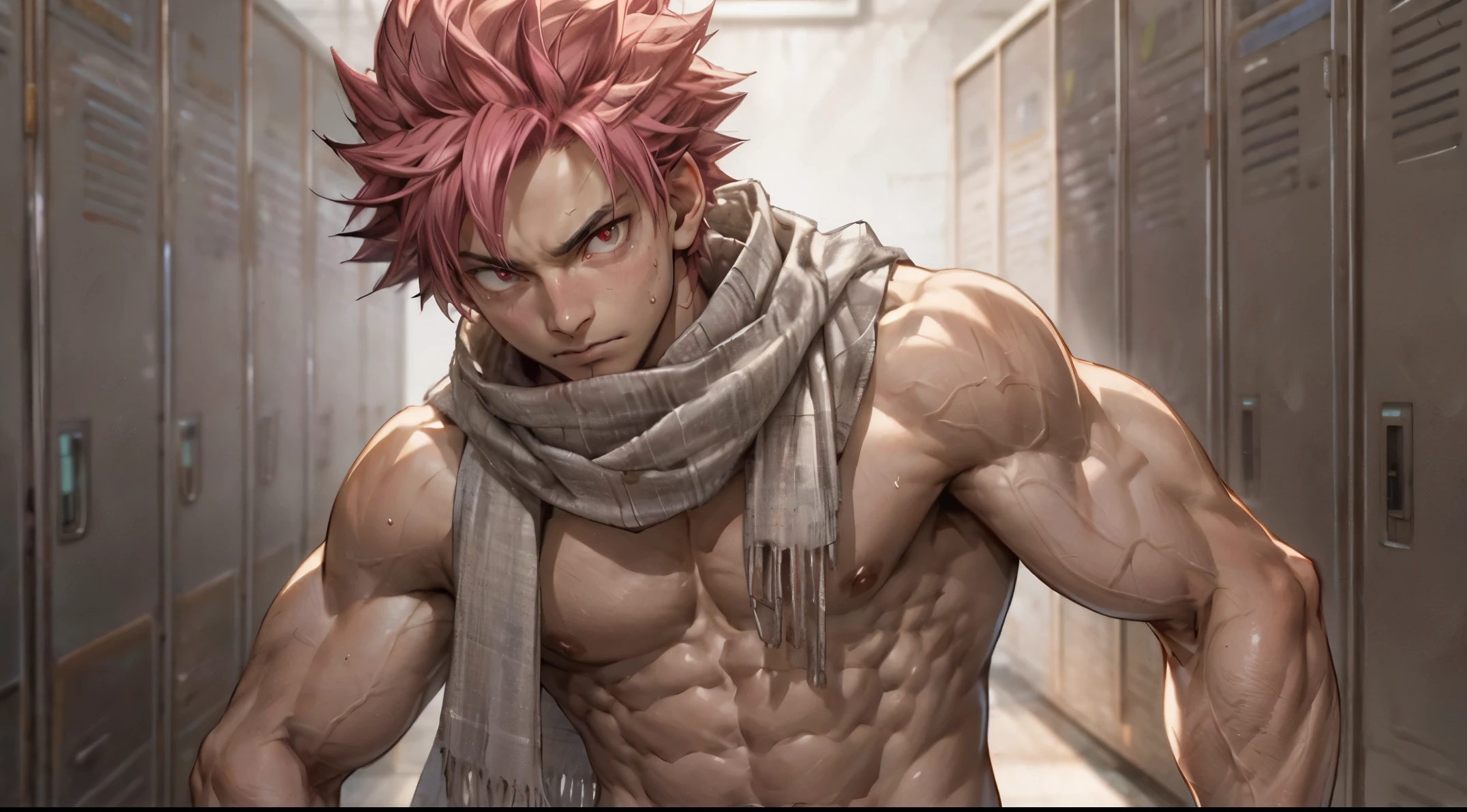 masterpiece, best quality red eyes, game cg, 1boy adult man, rugged adult face, solo, male focus, looking at viewer, upper body, Natsu Dragneel natsu_dragneel, pink hair, red eyes, shirtless naked, toned muscle, pectorals, 8 abs, toned legs, naked, slightly bulged, locker room, detailed, dynamic lighting, well lit, ((white scarf ))