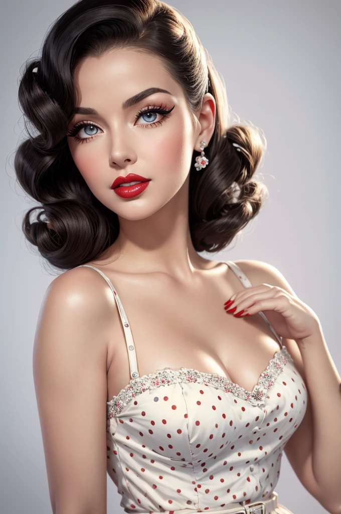 best quality,ultra-detailed,realistic,vintage pinup woman,beautiful detailed eyes,beautiful detailed lips,longeyelashes,retro hairstyle,redlipstick,sultry expression,flawless skin,white background,classic pose,1950s fashion,polka dot dress,high heels,pinup art style,soft lighting,vibrant colors